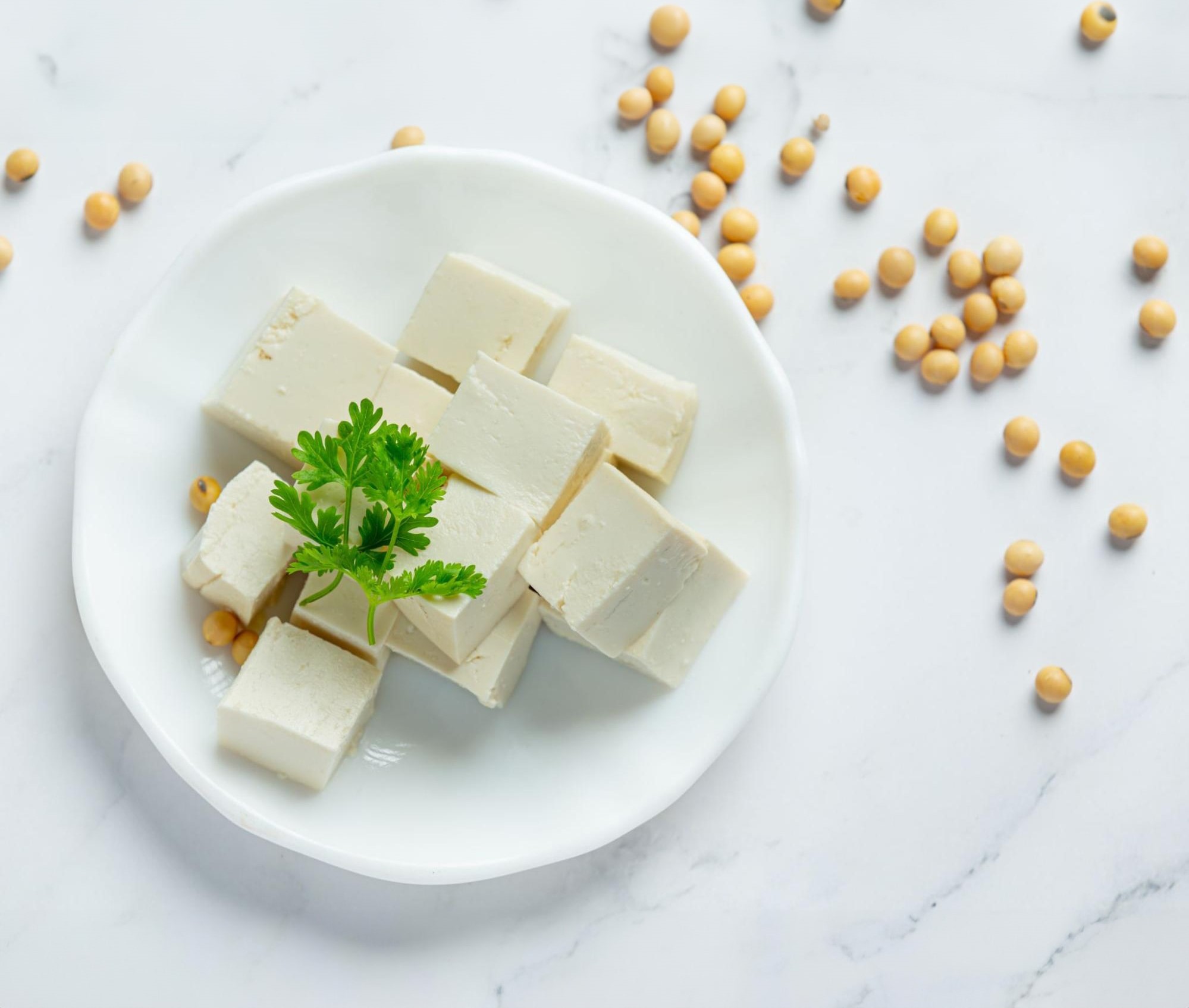 A white plate holds soy tofu cubes garnished with fresh parsley, showcasing a simple and healthy dish.